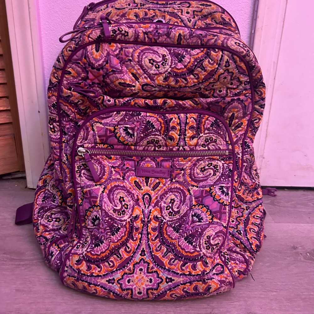 Vera Bradley XL Backpack, colors are purple, orange, and white